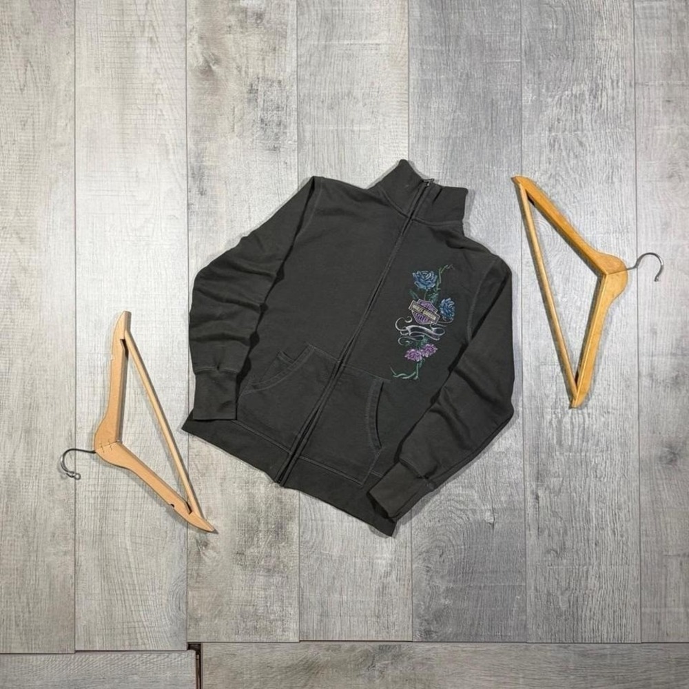 vintage 2000s grey Harley‎ Davidson mock neck turtleneck full zip sweatshirt